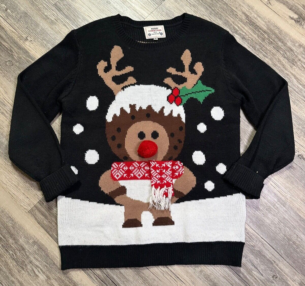 Daisy's Boutique Reindeer Rudolph Big Nose Red Ball Ugly Christmas Sweater XL